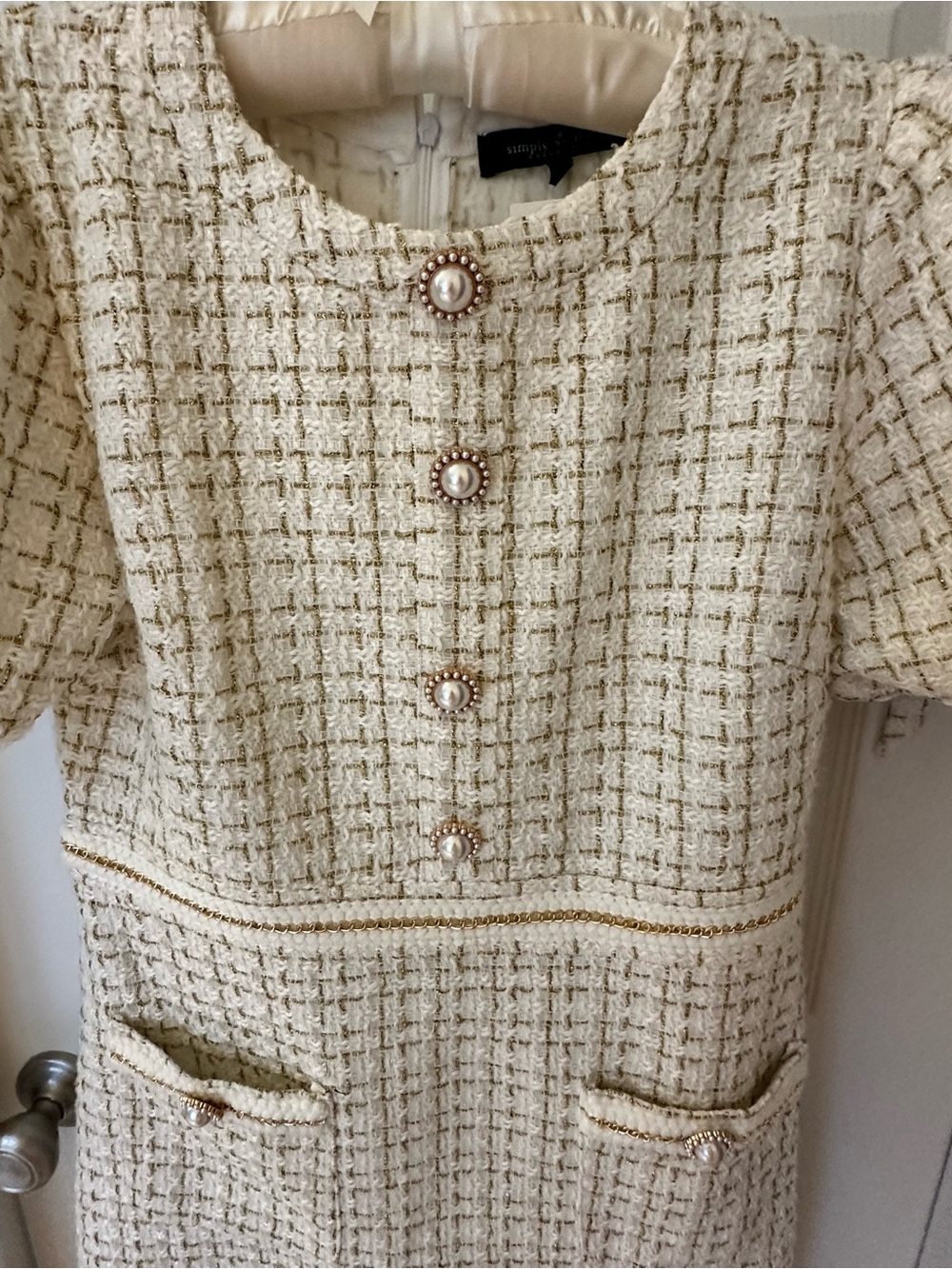 Simply Southern Cream Tweed Puff-Sleeve Dress with Pearl/Gold Buttons - Picture 2 of 9